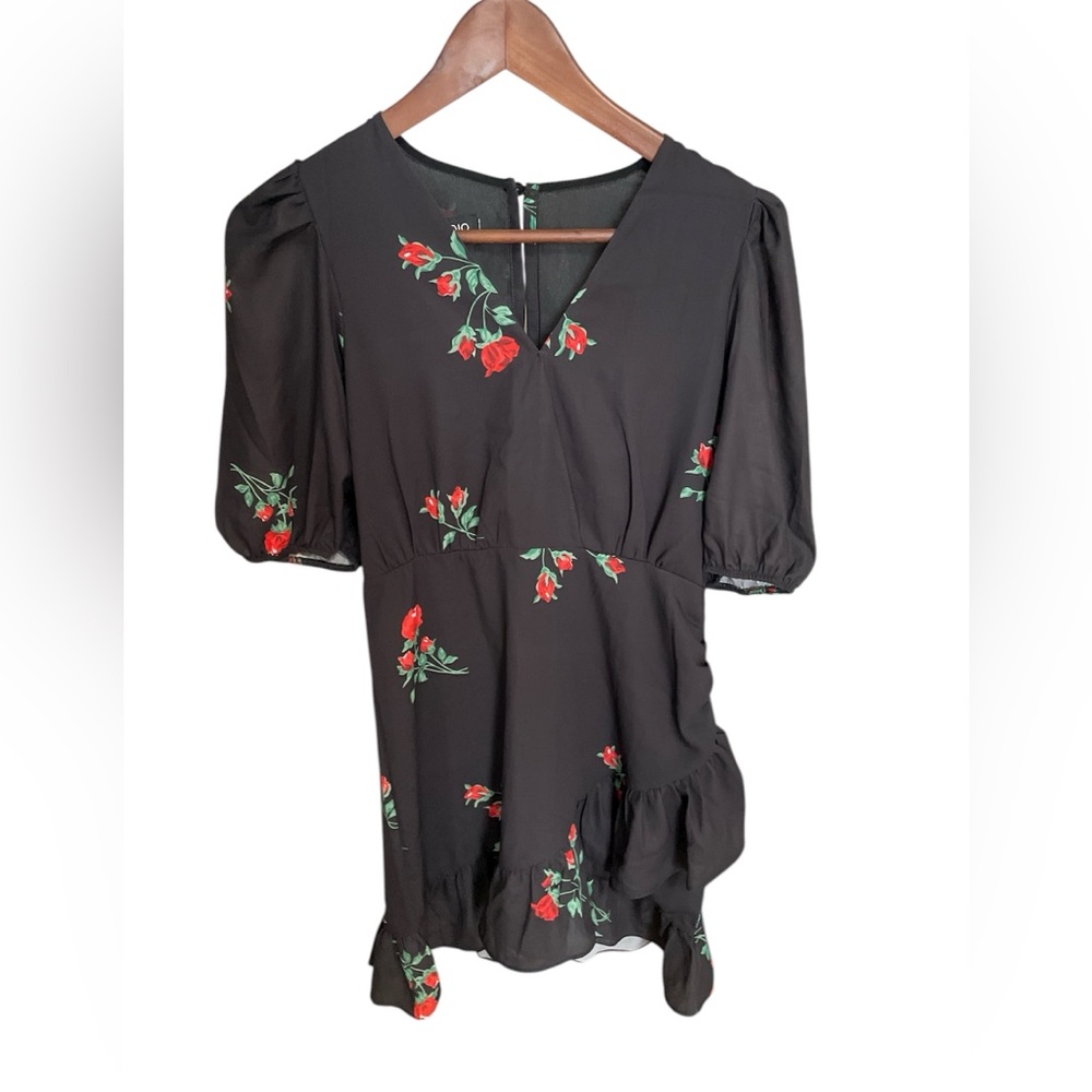 JJS Studio Black Dress with Red Floral Embroidery